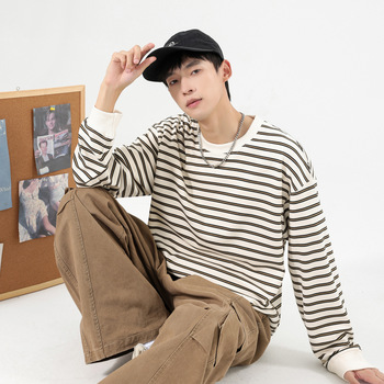 Men's Long Sleeve Cotton T-Shirt with Letter Print, Loose Fit Crew Neck Pullover for Fall