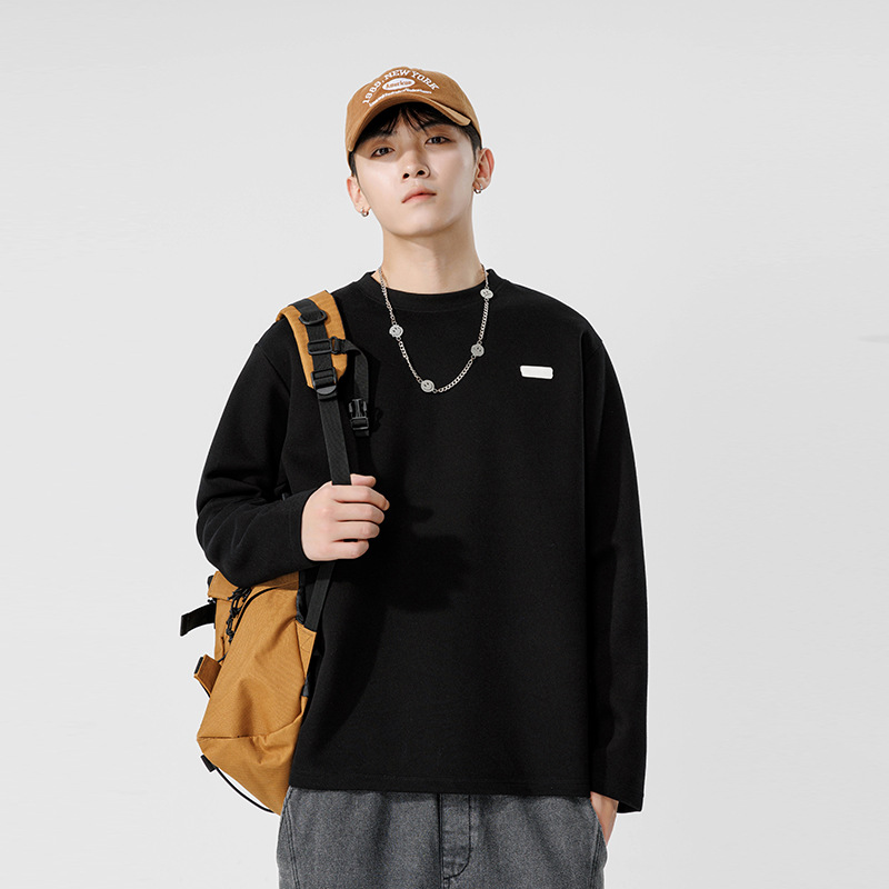 Men's Long Sleeve Cotton T-Shirt, Loose Fit Crew Neck Letter Print Top for Teens