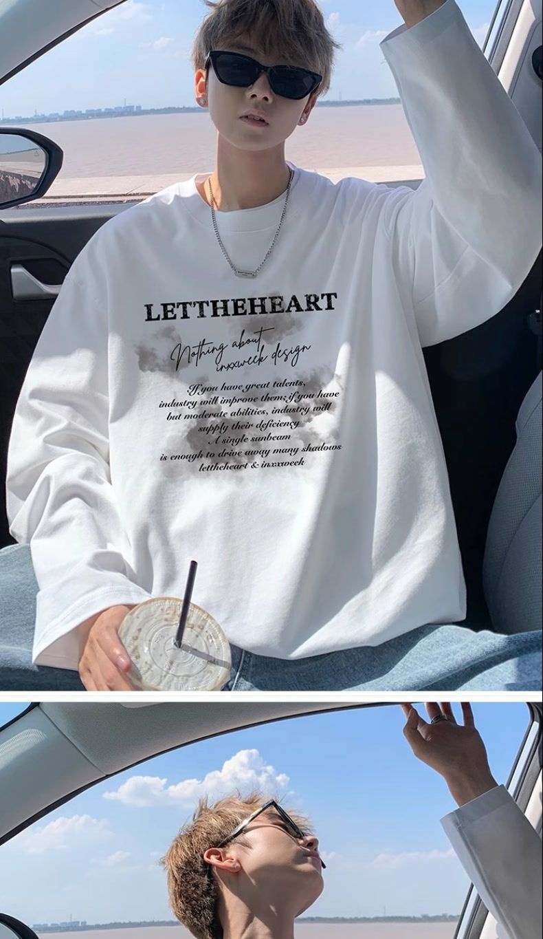 Men's 100% Cotton Long Sleeve T-Shirt, Crew Neck Pullover with Print, Casual Top for Winter