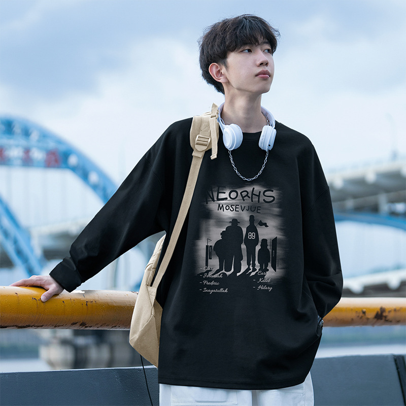 Men's Long Sleeve Cotton T-Shirt, Crew Neck Solid Color Heavyweight Casual Top for Spring and Fall