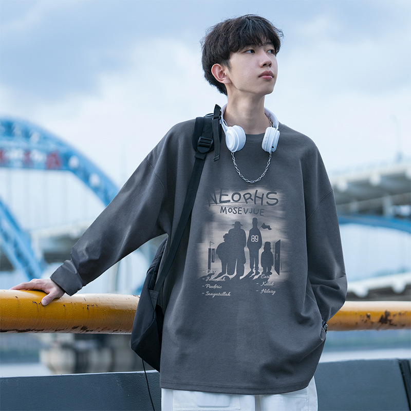 Men's Long Sleeve Cotton T-Shirt, Crew Neck Solid Color Heavyweight Casual Top for Spring and Fall