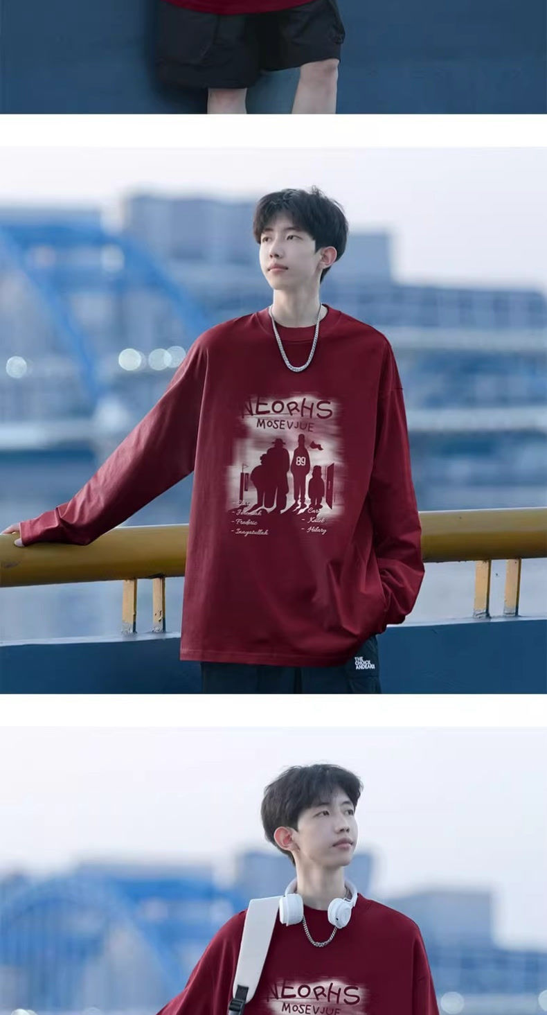 Men's Long Sleeve Cotton T-Shirt, Crew Neck Solid Color Heavyweight Casual Top for Spring and Fall