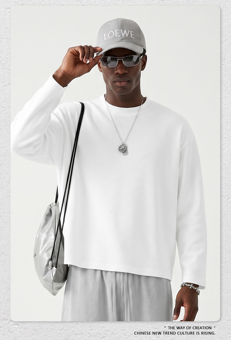 Men's Waffle Knit Long Sleeve T-Shirt, Loose Boxy Fit Crew Neck Solid Cotton Tee for Fall Sports