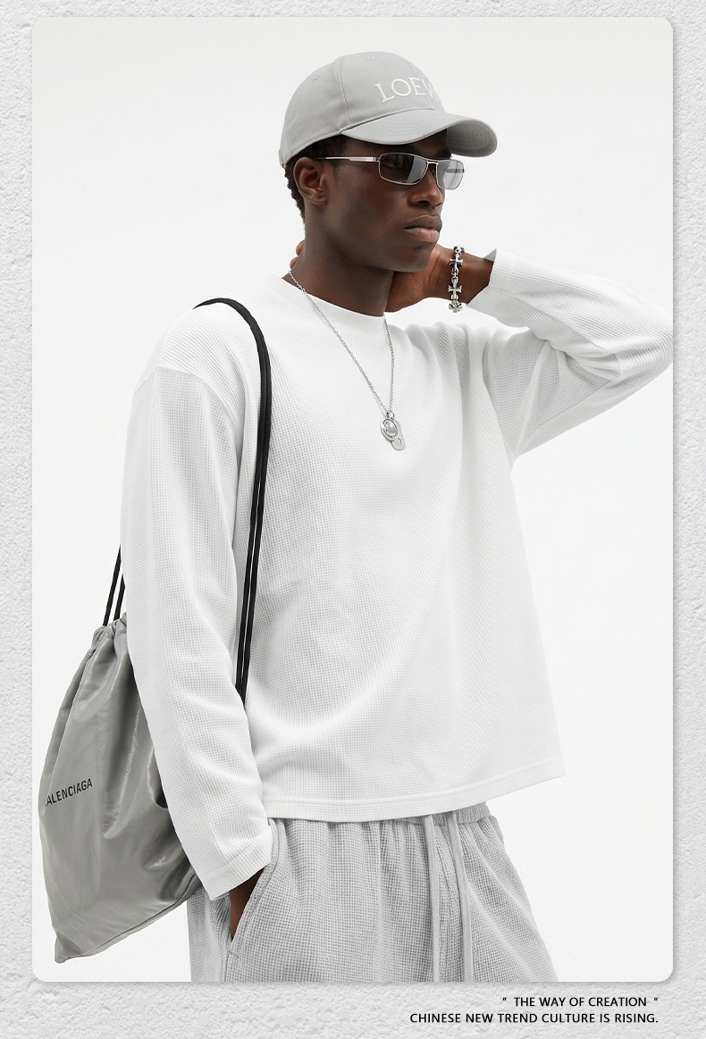 Men's Waffle Knit Long Sleeve T-Shirt, Loose Boxy Fit Crew Neck Solid Cotton Tee for Fall Sports
