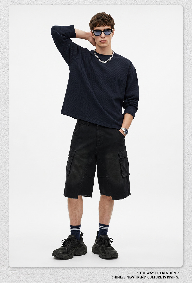 Men's Waffle Knit Long Sleeve T-Shirt, Loose Boxy Fit Crew Neck Solid Cotton Tee for Fall Sports
