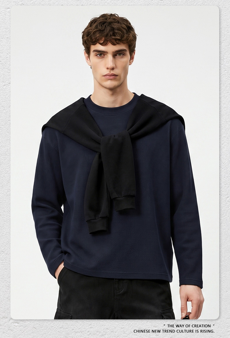 Men's Waffle Knit Long Sleeve T-Shirt, Loose Boxy Fit Crew Neck Solid Cotton Tee for Fall Sports