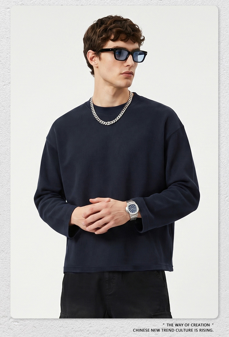 Men's Waffle Knit Long Sleeve T-Shirt, Loose Boxy Fit Crew Neck Solid Cotton Tee for Fall Sports