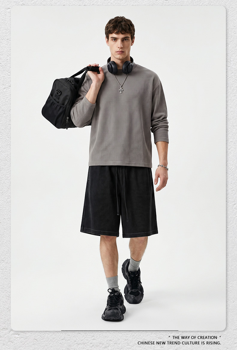 Men's Waffle Knit Long Sleeve T-Shirt, Loose Boxy Fit Crew Neck Solid Cotton Tee for Fall Sports