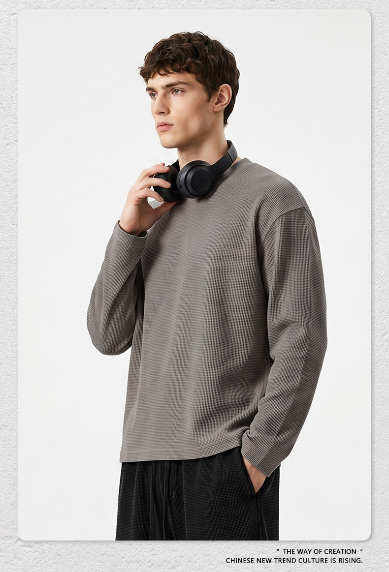 Men's Waffle Knit Long Sleeve T-Shirt, Loose Boxy Fit Crew Neck Solid Cotton Tee for Fall Sports