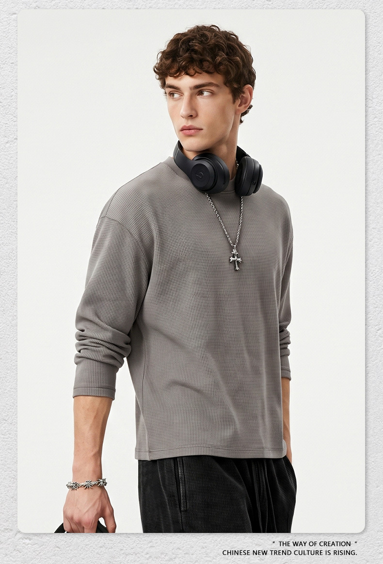 Men's Waffle Knit Long Sleeve T-Shirt, Loose Boxy Fit Crew Neck Solid Cotton Tee for Fall Sports
