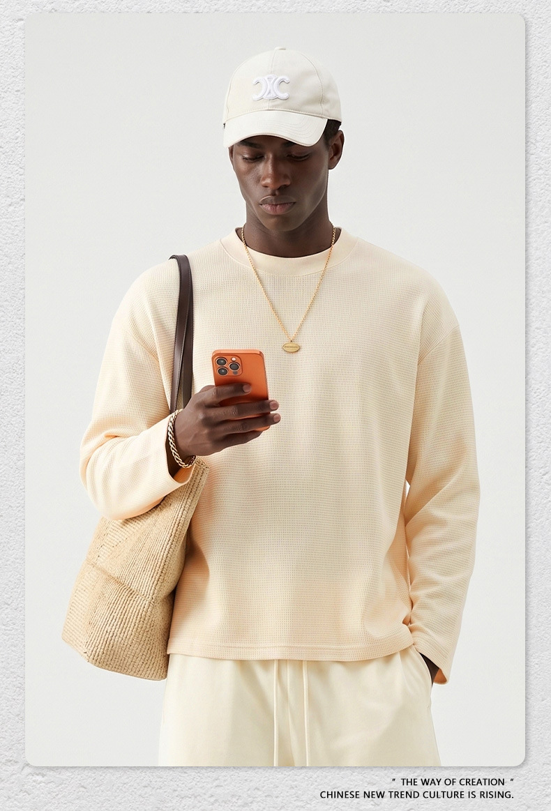 Men's Waffle Knit Long Sleeve T-Shirt, Loose Boxy Fit Crew Neck Solid Cotton Tee for Fall Sports