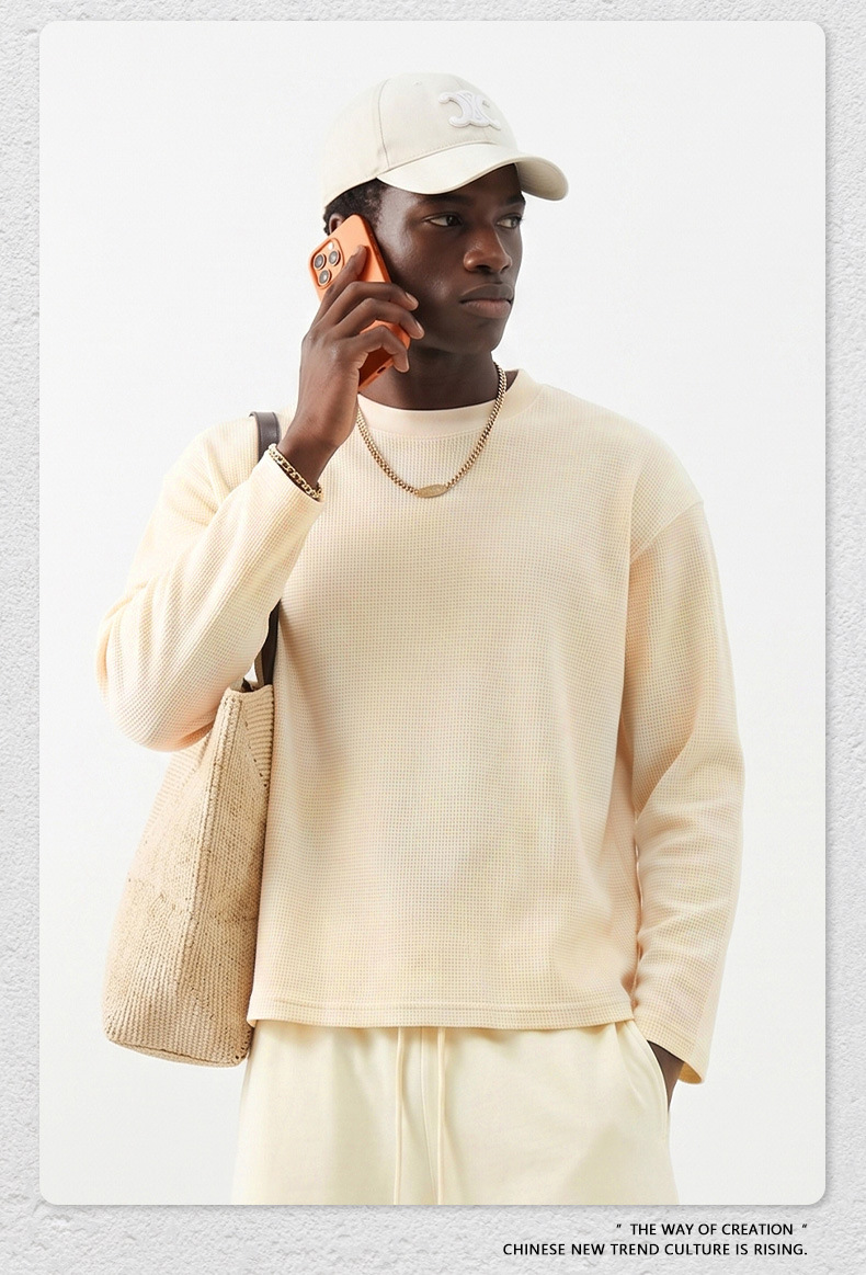 Men's Waffle Knit Long Sleeve T-Shirt, Loose Boxy Fit Crew Neck Solid Cotton Tee for Fall Sports