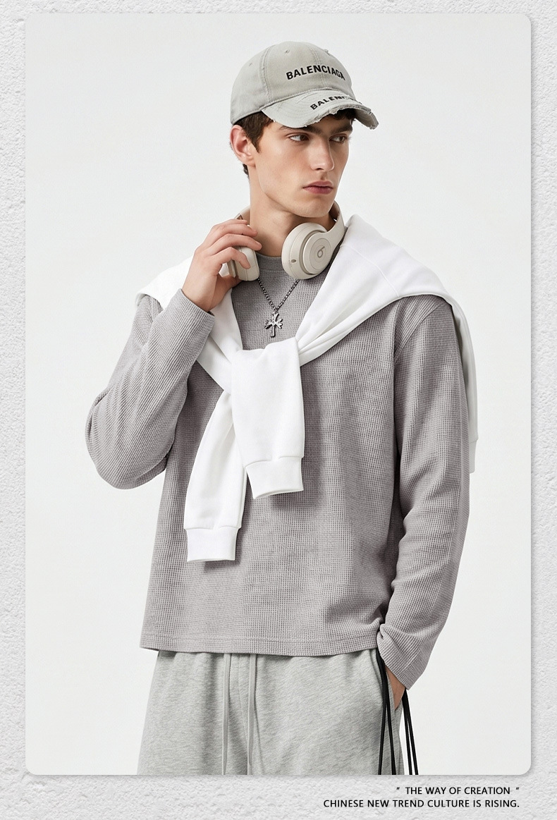 Men's Waffle Knit Long Sleeve T-Shirt, Loose Boxy Fit Crew Neck Solid Cotton Tee for Fall Sports