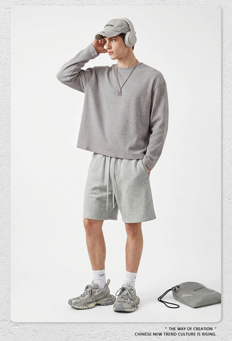 Men's Waffle Knit Long Sleeve T-Shirt, Loose Boxy Fit Crew Neck Solid Cotton Tee for Fall Sports