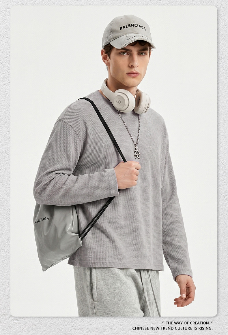 Men's Waffle Knit Long Sleeve T-Shirt, Loose Boxy Fit Crew Neck Solid Cotton Tee for Fall Sports