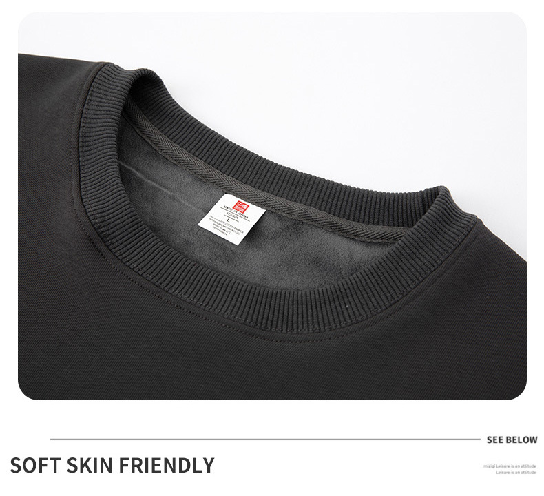 Men Fleece Lined Crew Neck Sweatshirt, Solid Color Loose Fit Pullover for Winter