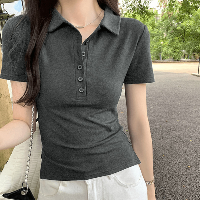 Women Cotton Polo Shirt Short Sleeve Slim Fit Button Collar Summer Commute Top