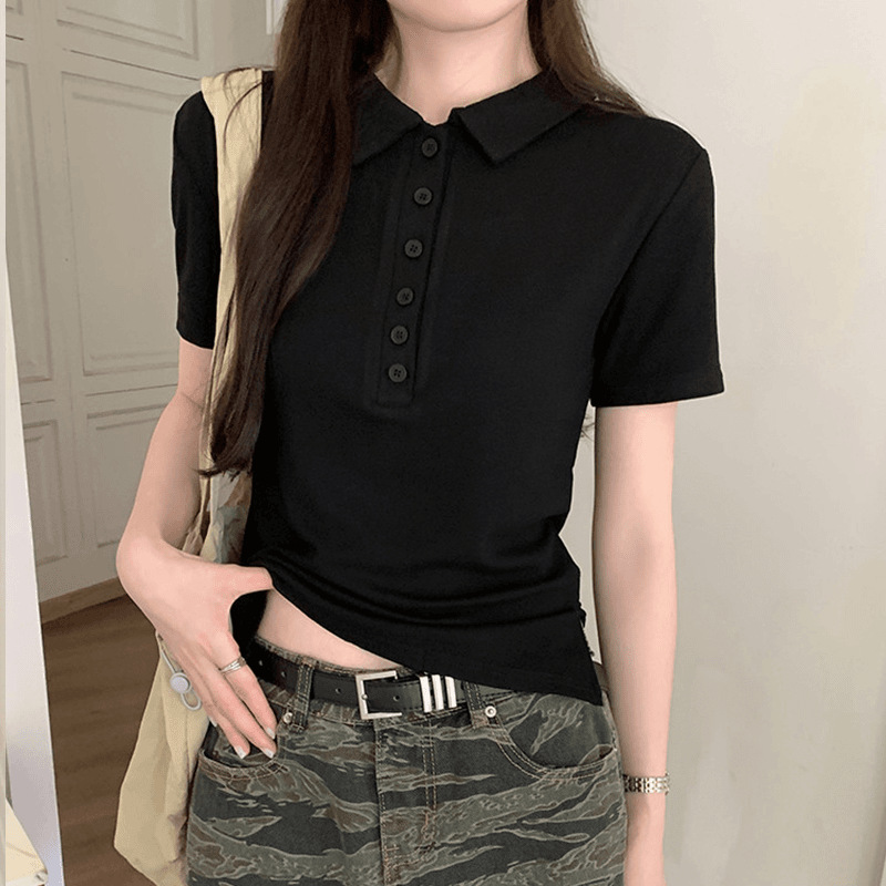 Women Cotton Polo Shirt Short Sleeve Slim Fit Button Collar Summer Commute Top