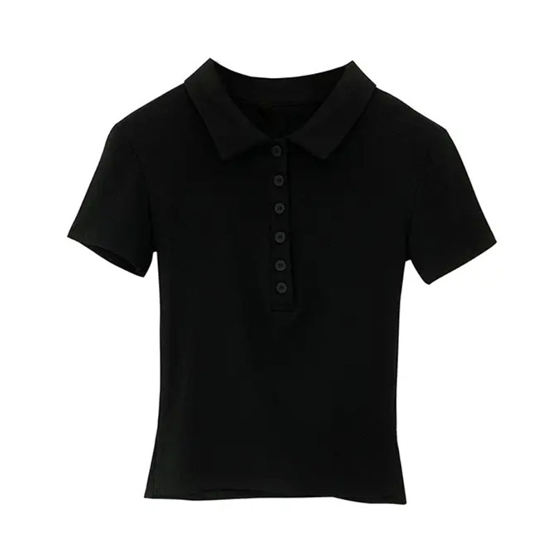 Women Cotton Polo Shirt Short Sleeve Slim Fit Button Collar Summer Commute Top