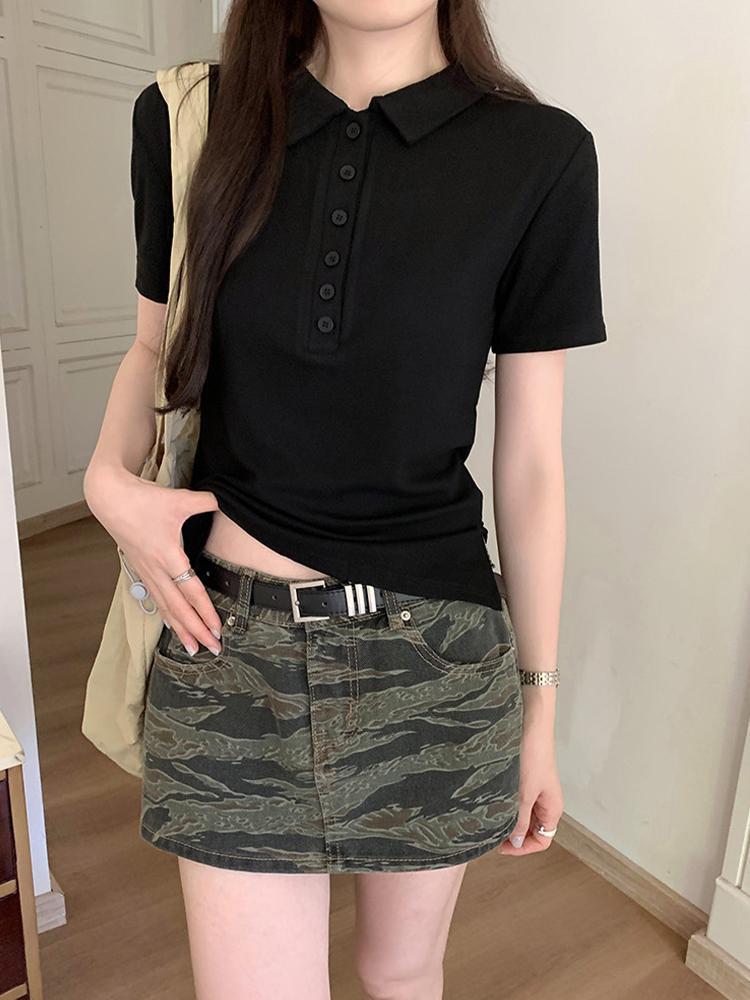 Women Cotton Polo Shirt Short Sleeve Slim Fit Button Collar Summer Commute Top