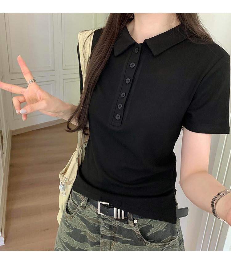 Women Cotton Polo Shirt Short Sleeve Slim Fit Button Collar Summer Commute Top