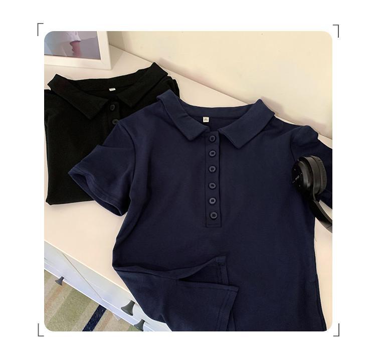 Women Cotton Polo Shirt Short Sleeve Slim Fit Button Collar Summer Commute Top