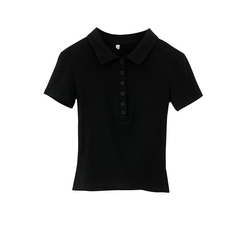 Women Cotton Polo Shirt Short Sleeve Slim Fit Button Collar Summer Commute Top