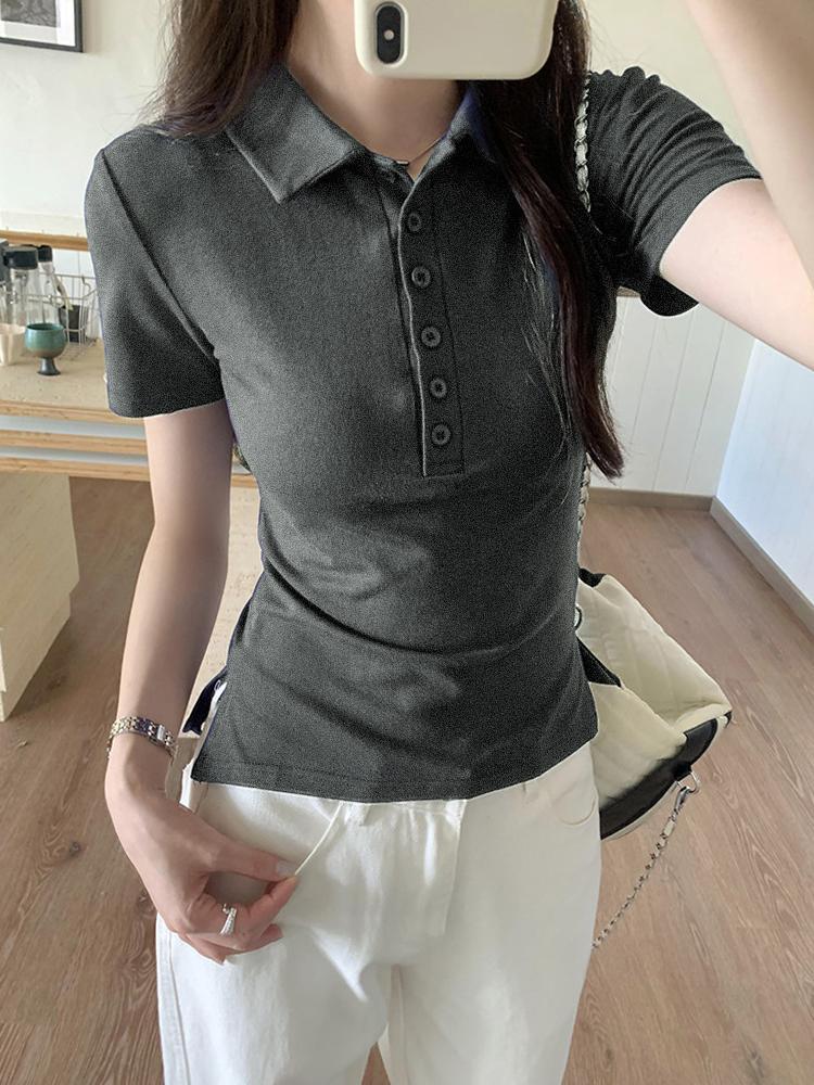 Women Cotton Polo Shirt Short Sleeve Slim Fit Button Collar Summer Commute Top