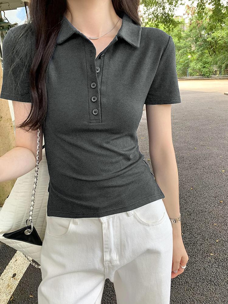 Women Cotton Polo Shirt Short Sleeve Slim Fit Button Collar Summer Commute Top
