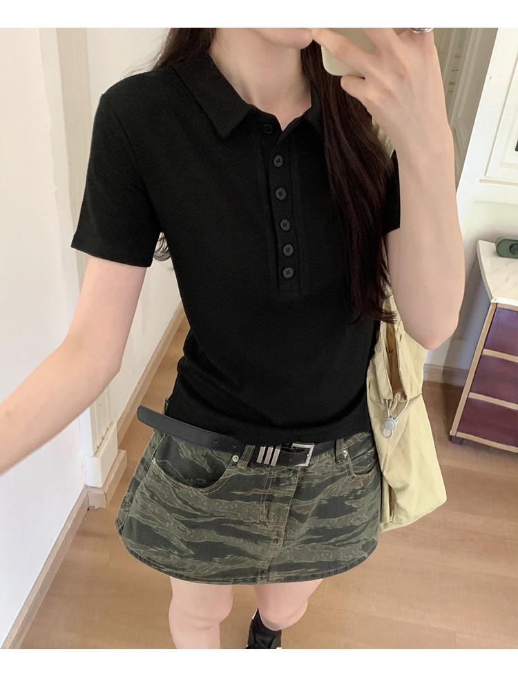 Women Cotton Polo Shirt Short Sleeve Slim Fit Button Collar Summer Commute Top