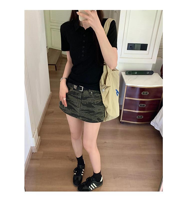 Women Cotton Polo Shirt Short Sleeve Slim Fit Button Collar Summer Commute Top