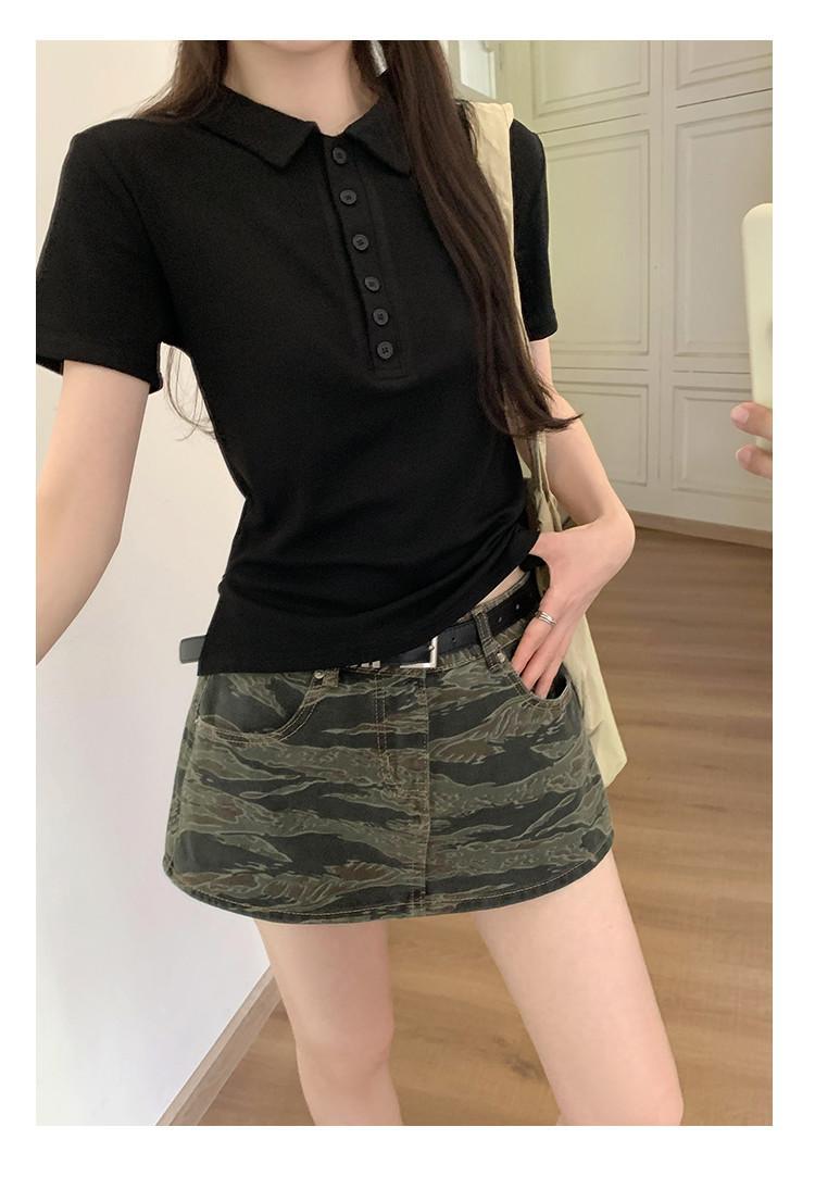 Women Cotton Polo Shirt Short Sleeve Slim Fit Button Collar Summer Commute Top