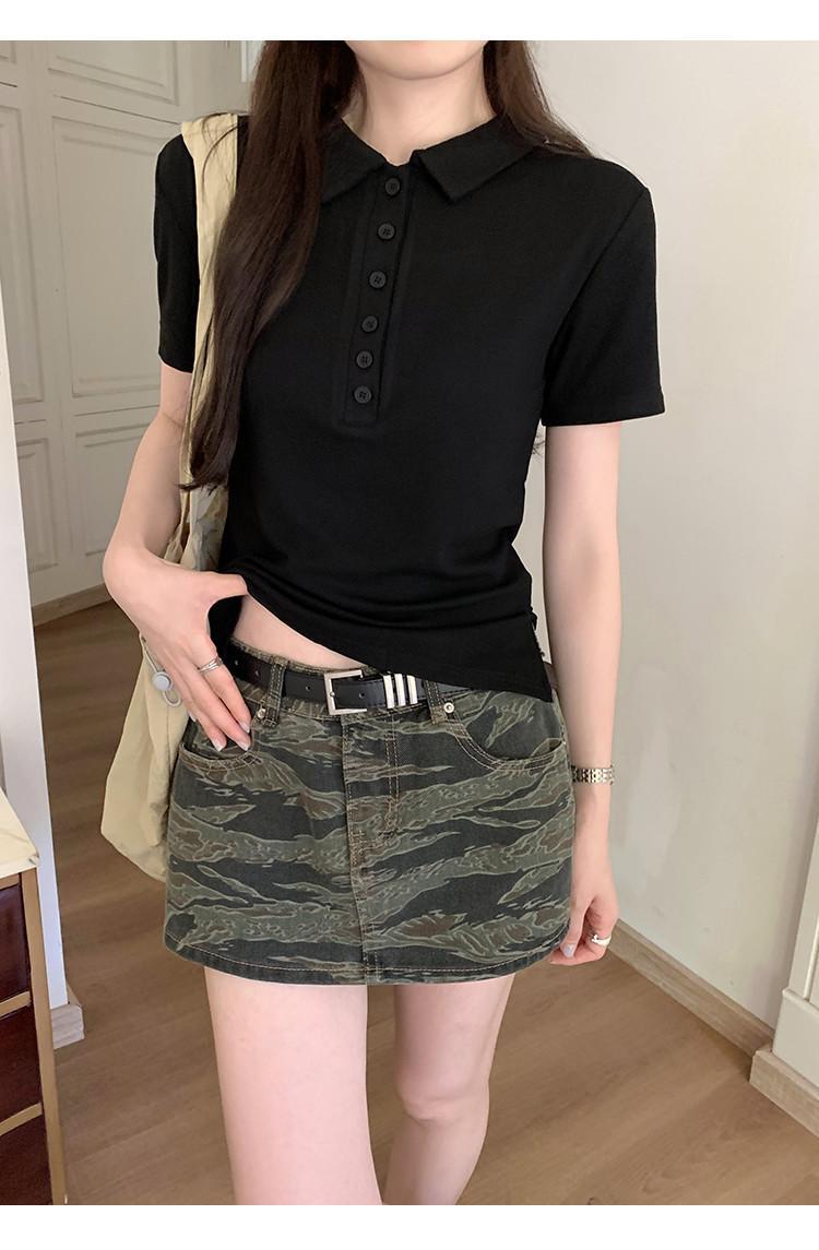Women Cotton Polo Shirt Short Sleeve Slim Fit Button Collar Summer Commute Top