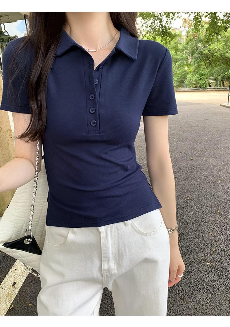 Women Cotton Polo Shirt Short Sleeve Slim Fit Button Collar Summer Commute Top