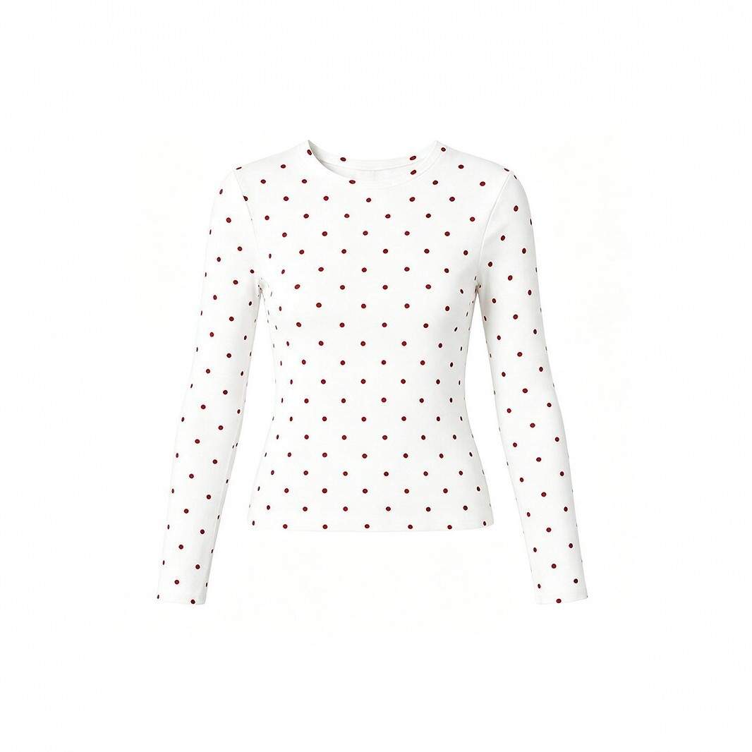 Women Polka Dot Long Sleeve Crew Neck T-Shirt Slim Fit Cotton Letter Print Top