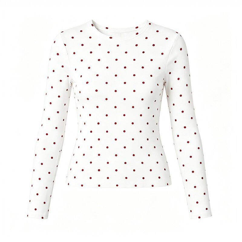 Women Polka Dot Long Sleeve Crew Neck T-Shirt Slim Fit Cotton Letter Print Top