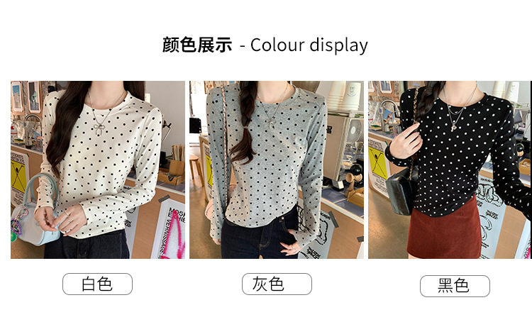 Women Polka Dot Long Sleeve Crew Neck T-Shirt Slim Fit Cotton Letter Print Top