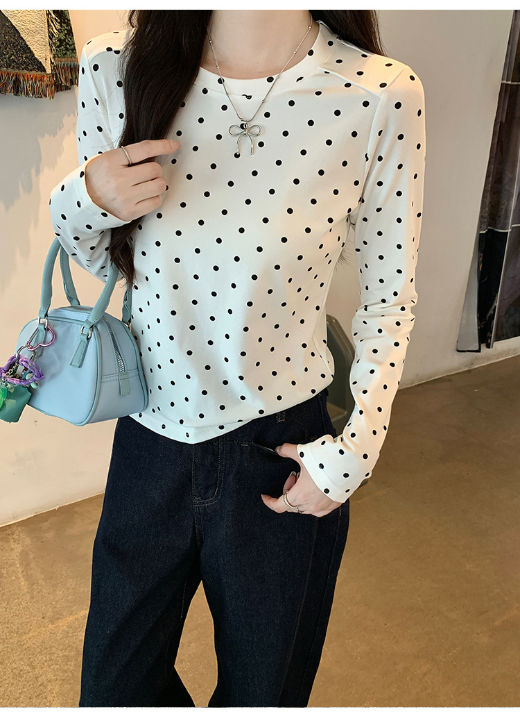 Women Polka Dot Long Sleeve Crew Neck T-Shirt Slim Fit Cotton Letter Print Top