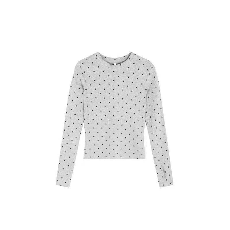 Women Polka Dot Long Sleeve Crew Neck T-Shirt Slim Fit Cotton Letter Print Top