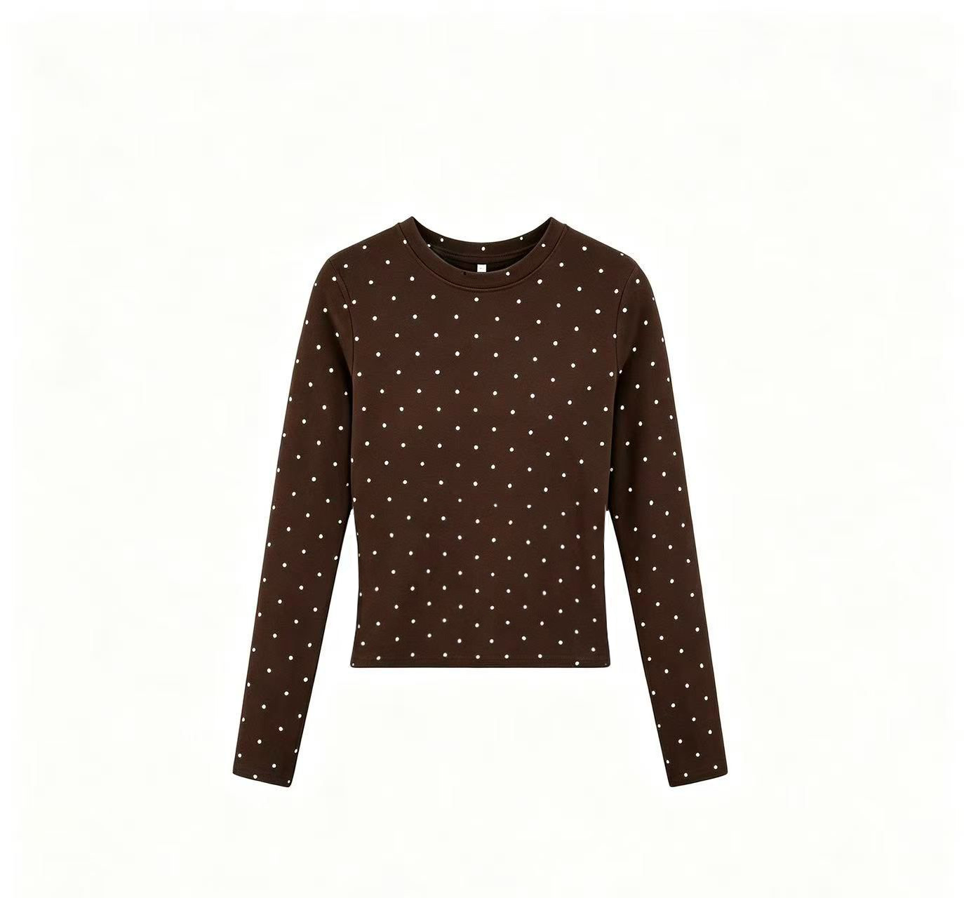 Women Polka Dot Long Sleeve Crew Neck T-Shirt Slim Fit Cotton Letter Print Top