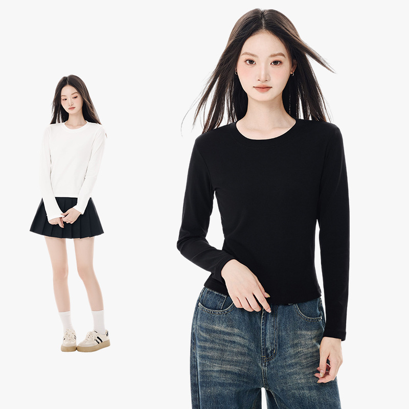 Women Long Sleeve Cotton T-Shirt Solid Color Slim Fit Crew Neck Short Top for Fall