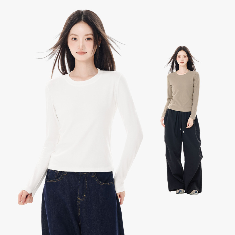 Women Long Sleeve Cotton T-Shirt Solid Color Slim Fit Crew Neck Short Top for Fall
