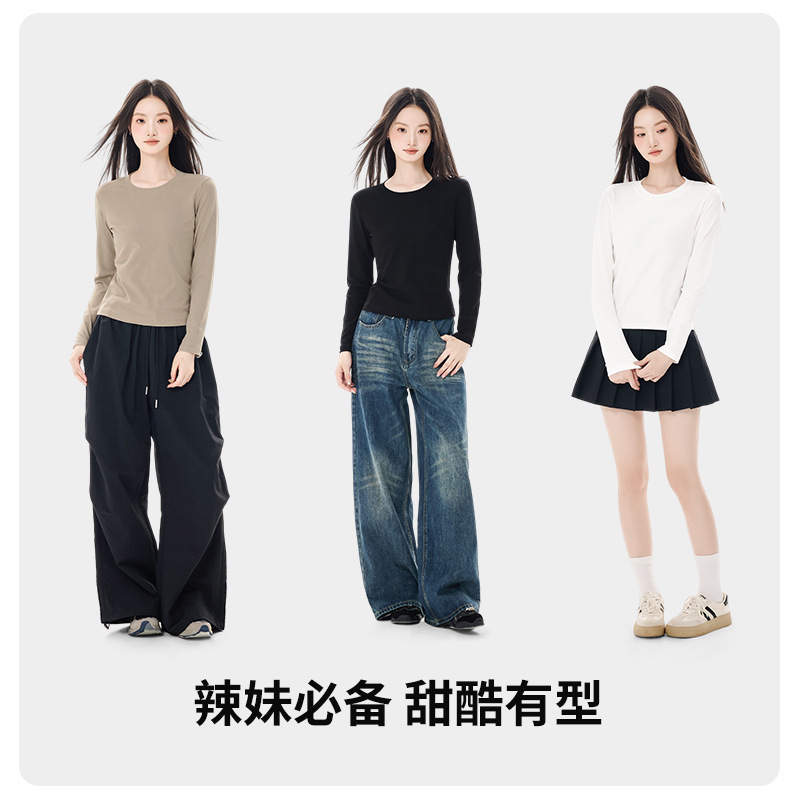 Women Long Sleeve Cotton T-Shirt Solid Color Slim Fit Crew Neck Short Top for Fall