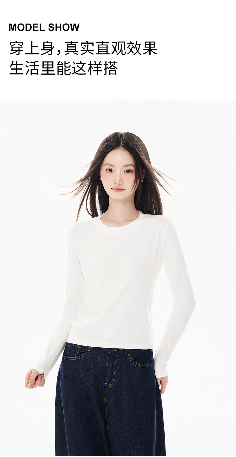 Women Long Sleeve Cotton T-Shirt Solid Color Slim Fit Crew Neck Short Top for Fall