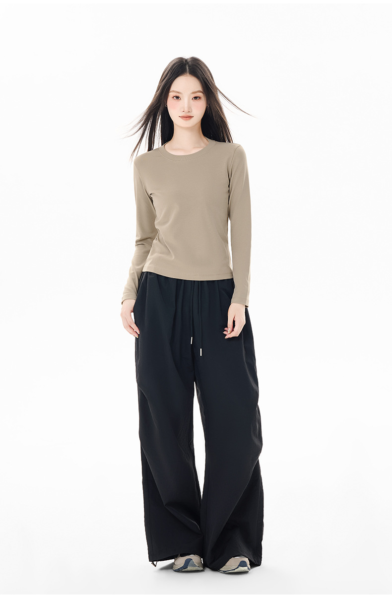 Women Long Sleeve Cotton T-Shirt Solid Color Slim Fit Crew Neck Short Top for Fall