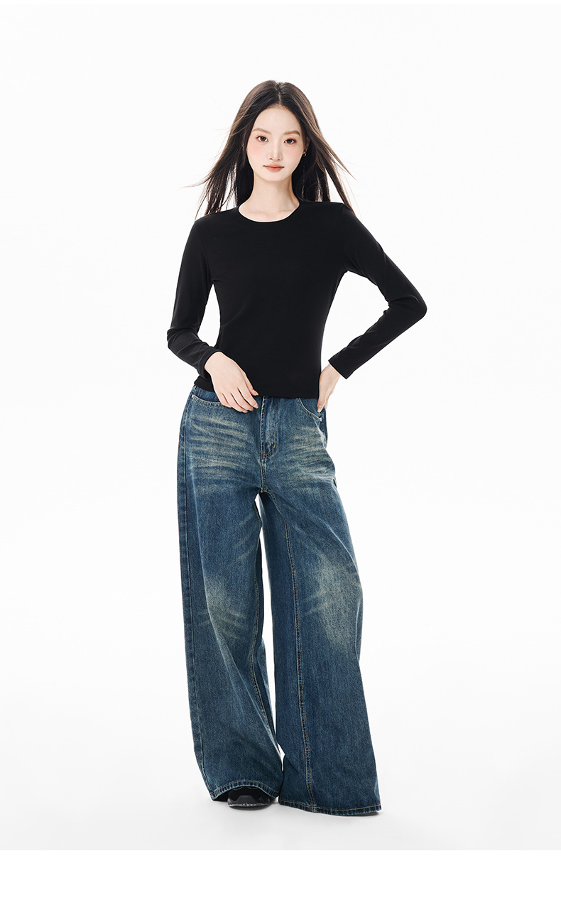 Women Long Sleeve Cotton T-Shirt Solid Color Slim Fit Crew Neck Short Top for Fall
