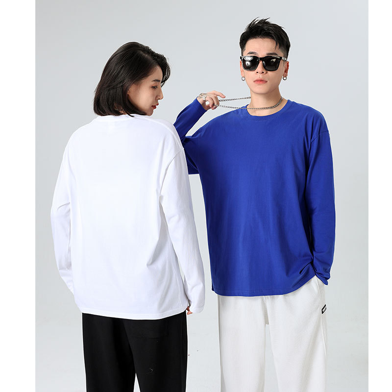 Unisex Cotton Long Sleeve Crewneck T-Shirt, Loose Fit Solid Color Top for Spring and Autumn