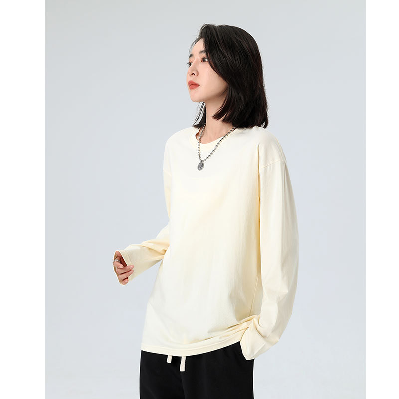 Unisex Cotton Long Sleeve Crewneck T-Shirt, Loose Fit Solid Color Top for Spring and Autumn