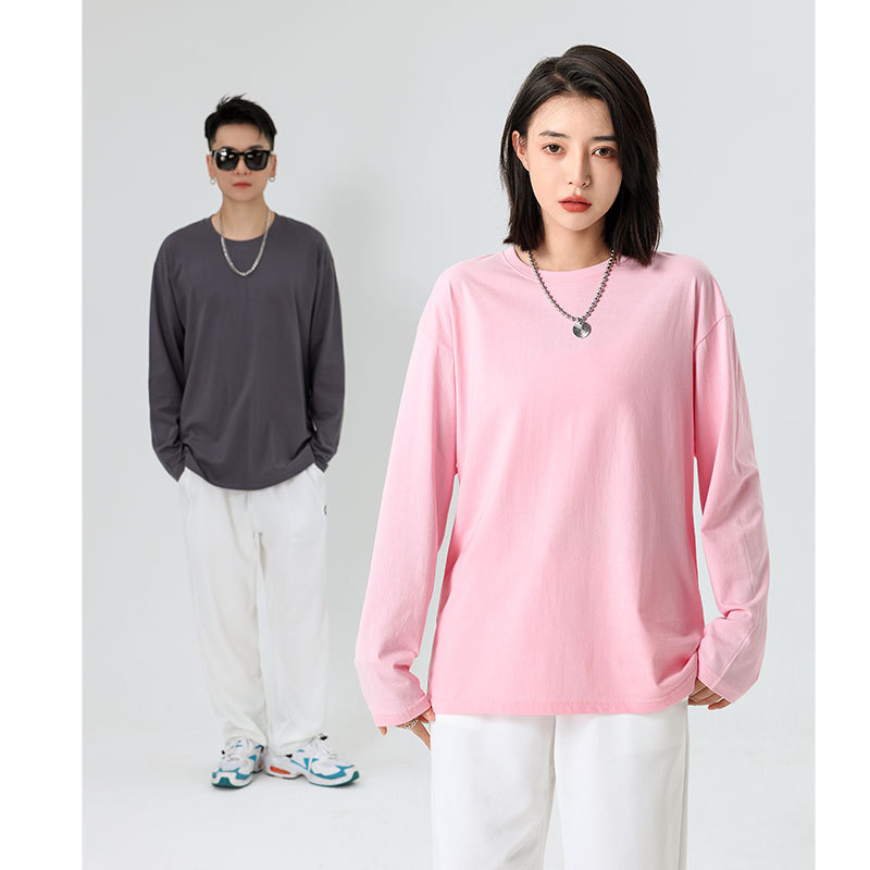 Unisex Cotton Long Sleeve Crewneck T-Shirt, Loose Fit Solid Color Top for Spring and Autumn