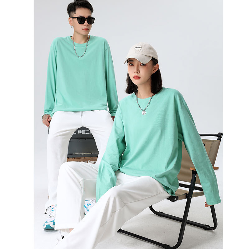 Unisex Cotton Long Sleeve Crewneck T-Shirt, Loose Fit Solid Color Top for Spring and Autumn
